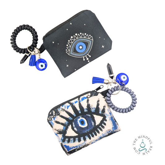 Evil Eye Coin Pouch with Stretchable Wrist Keychain, Obsidian Point, Evil Eye Keychain