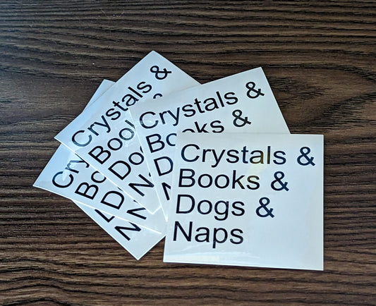 Crystals Books Dogs Naps Vinyl Sticker