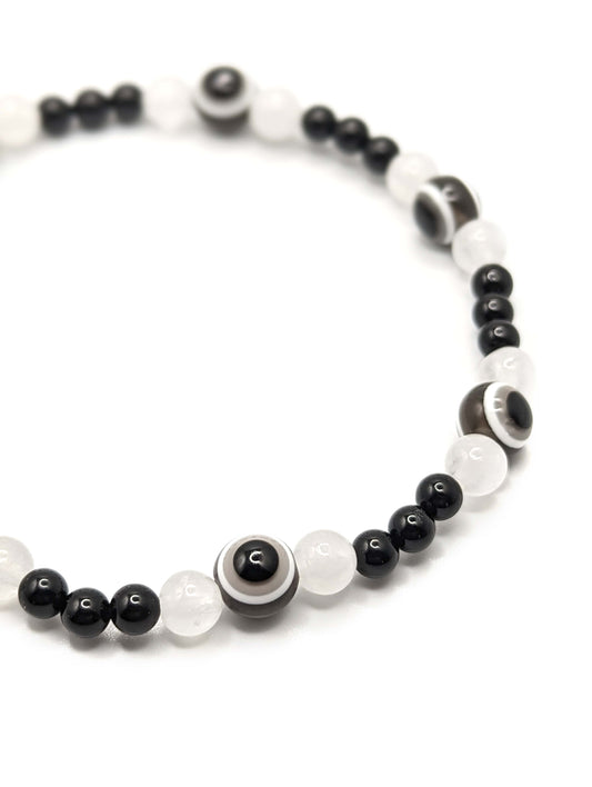 Black Tourmaline and White Jade anklet with black evil eye beads