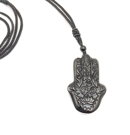 Unisex Obsidian Hand of Fatima/Hasma Hand Talisman Adjustable Necklace