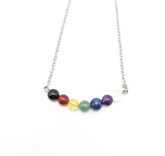 Stainless Steel 19" necklace with a  horizontal pendant with 7 gemstone beads representing the 7 chakras 