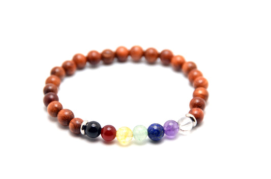 7 Chakra bracelet made with 6mm beads of mostly Rosewood, with one each of Black Tourmaline, Carnelian, Citrine, Green Aventurine, Lapis Lazuli, Amethyst, Clear Quartz