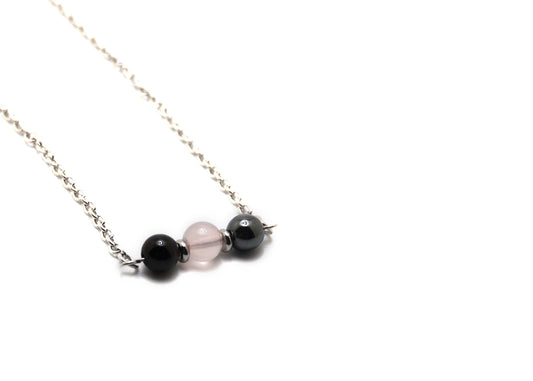 Love and Protection Minimalist Crystal Necklace - Black Tourmaline, Rose Quartz, Hematite