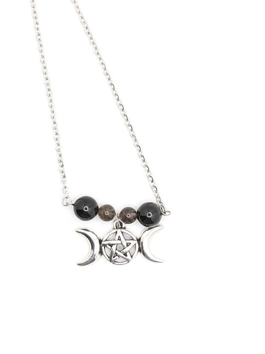 Triple Moon Goddess Protection Necklace - Black Tourmaline and Labradorite