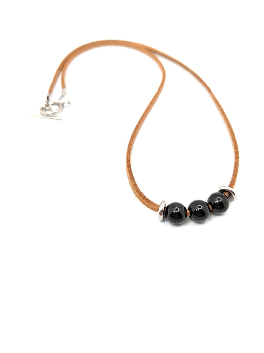 Vegan Leather necklace with three Black Tourmaline beads