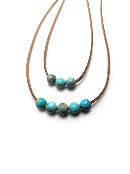 Turquoise Sea Sediment Jasper Beaded Necklace on Vegan Leather - 3 beads or 5 beads