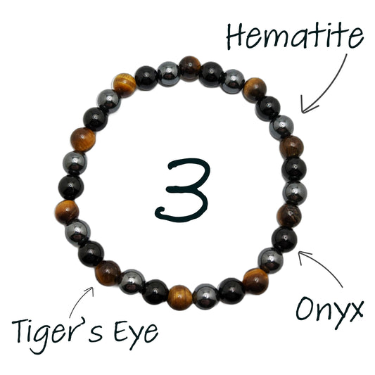 Triple Protection Grounding Stretch Bracelet - Hematite, Onyx, and Tiger's Eye