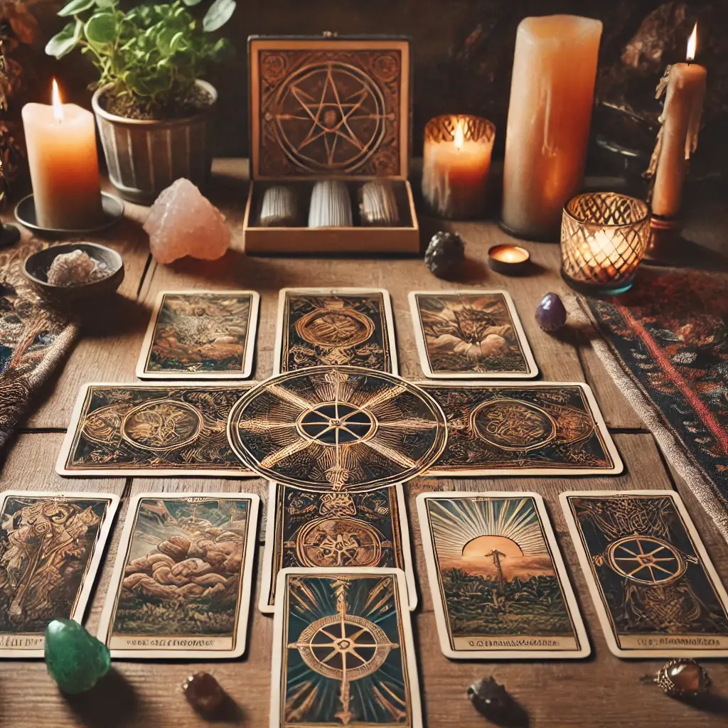 AI generated image of a tarot-like cards on a wooden table.